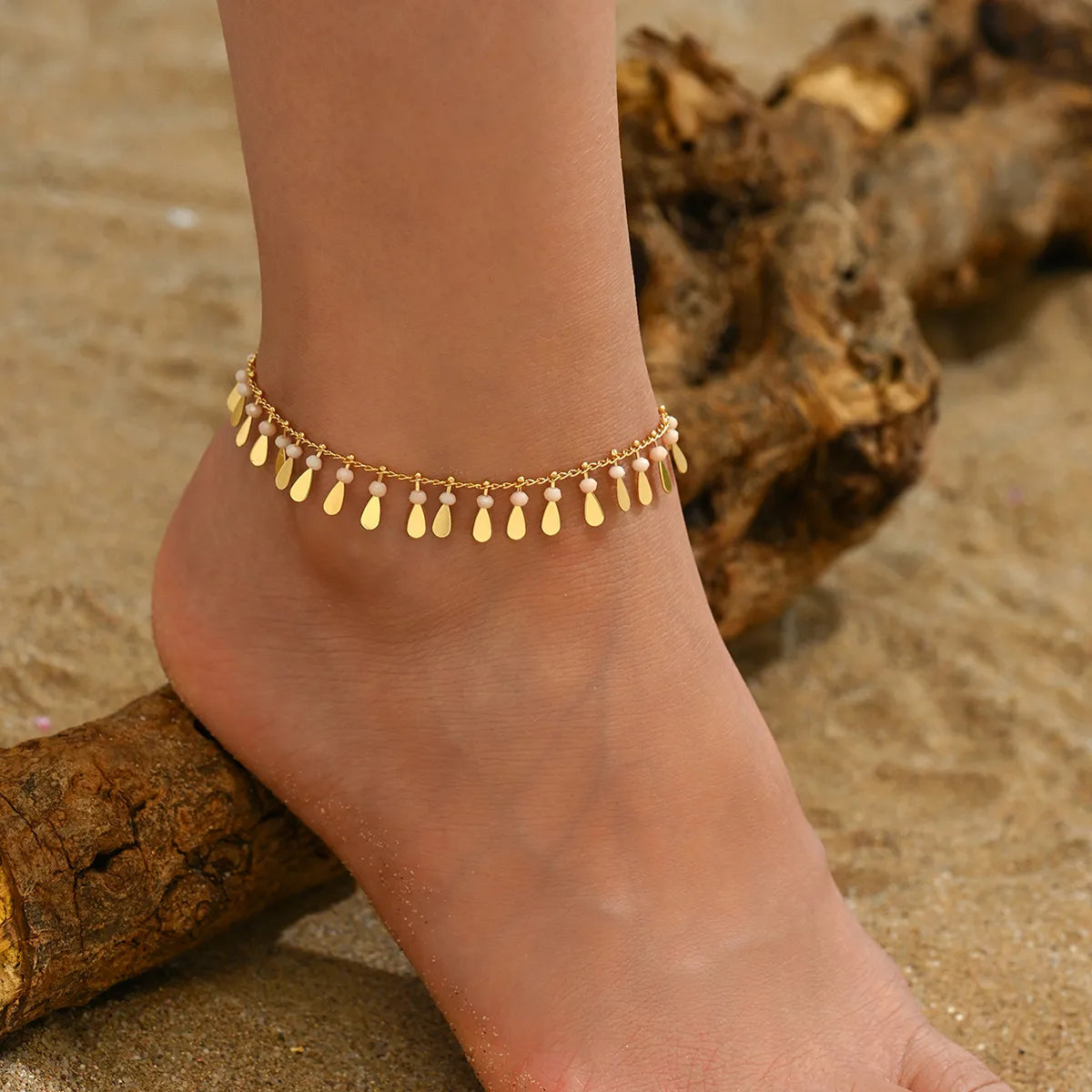 Wholesale Jewelry Casual Beach Simple Style Oval Water Droplets Copper 18K Gold Plated Tassel Chain Anklet