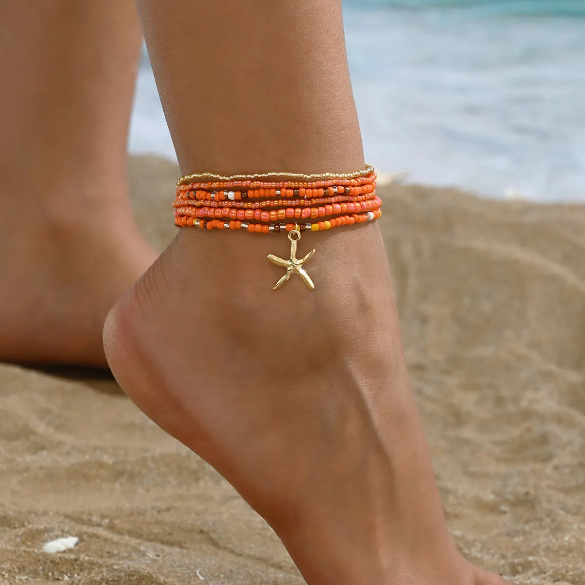 Wholesale Jewelry Casual Beach Starfish Elastic String Seed Bead Zinc Alloy Beaded Anklet