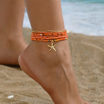 Wholesale Jewelry Casual Beach Starfish Elastic String Seed Bead Zinc Alloy Beaded Anklet