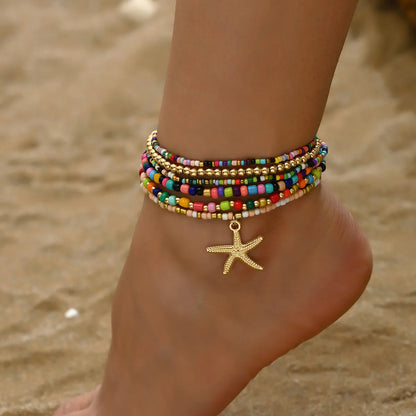 Wholesale Jewelry Casual Beach Starfish Elastic String Seed Bead Zinc Alloy Beaded Anklet