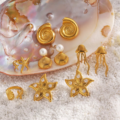 Wholesale Jewelry Casual Beach Starfish Shell 304 Stainless Steel Artificial Pearls Zircon 18K Gold Plated Polishing Inlay Rings Earrings