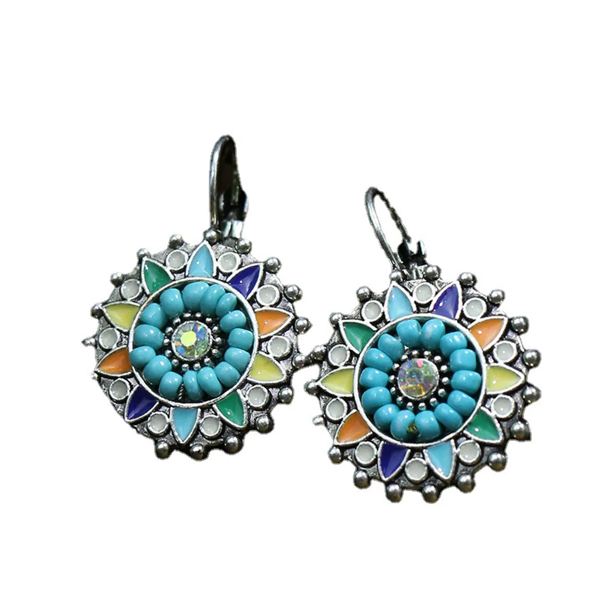 Wholesale Jewelry Casual Bohemian Round Rhombus Alloy Turquoise Hollow Out Inlay Drop Earrings