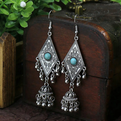 Wholesale Jewelry Casual Bohemian Round Rhombus Alloy Turquoise Hollow Out Inlay Drop Earrings