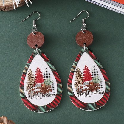 Wholesale Jewelry Casual Christmas Tree Letter Pu Leather Printing Drop Earrings