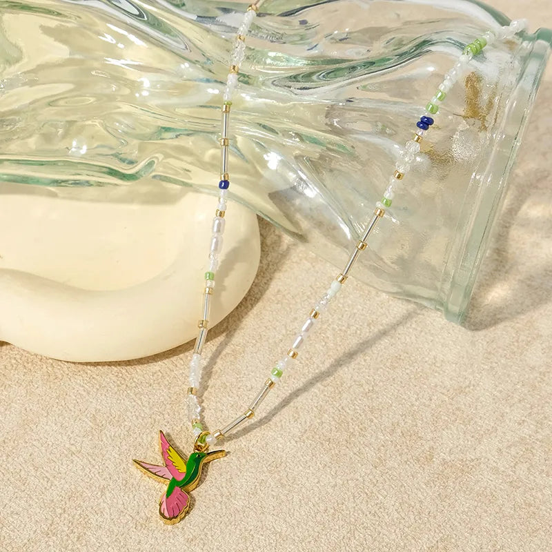 Wholesale Jewelry Casual Cute Artistic Bird 304 Stainless Steel 14K Gold Plated Beaded Enamel Pendant Necklace