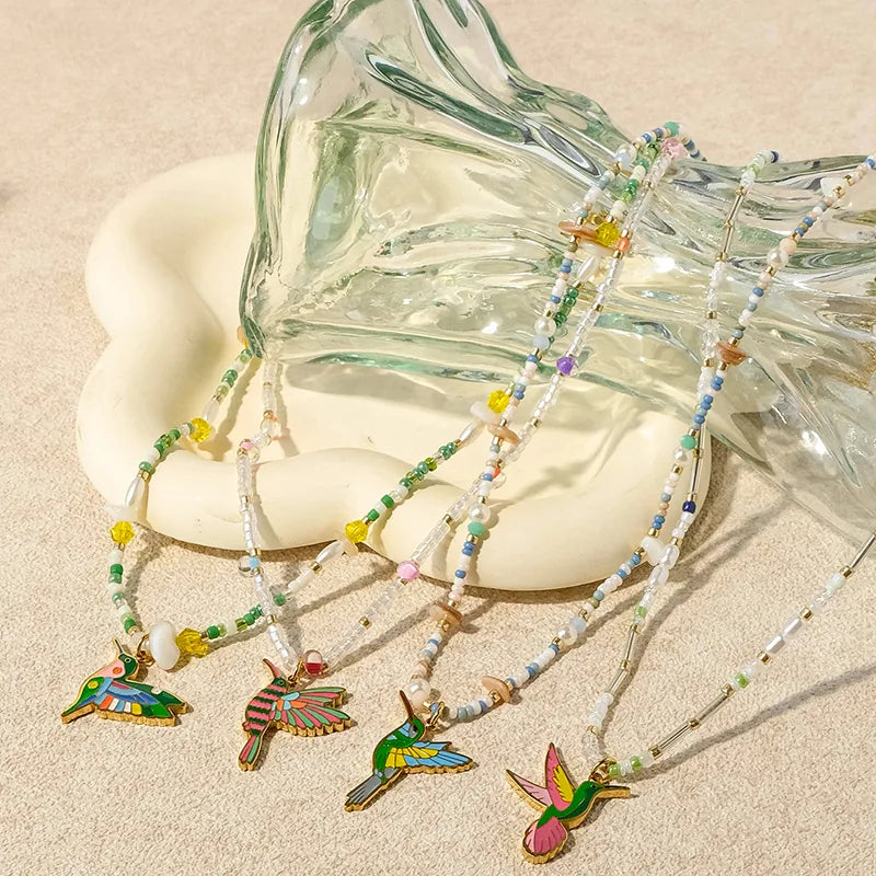 Wholesale Jewelry Casual Cute Artistic Bird 304 Stainless Steel 14K Gold Plated Beaded Enamel Pendant Necklace