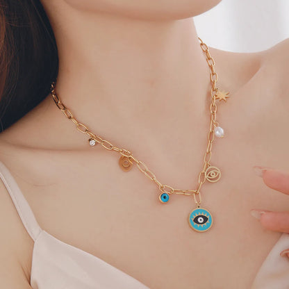 Wholesale Jewelry Casual Elegant Devil'S Eye 304 Stainless Steel Turquoise 18K Gold Plated Plating Inlay Pendant Necklace