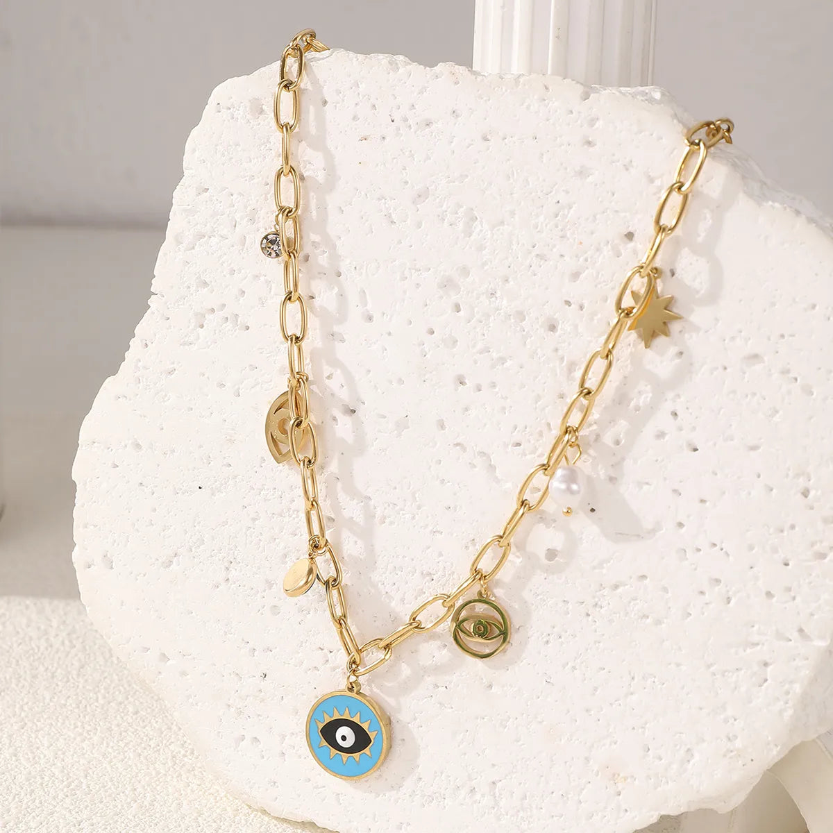 Wholesale Jewelry Casual Elegant Devil'S Eye 304 Stainless Steel Turquoise 18K Gold Plated Plating Inlay Pendant Necklace