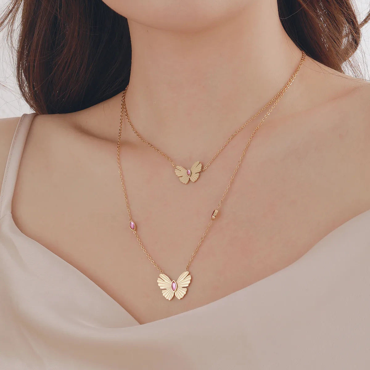 Wholesale Jewelry Casual Elegant Romantic Butterfly 304 Stainless Steel Zircon 18K Gold Plated Plating Inlay Double Layer Necklaces