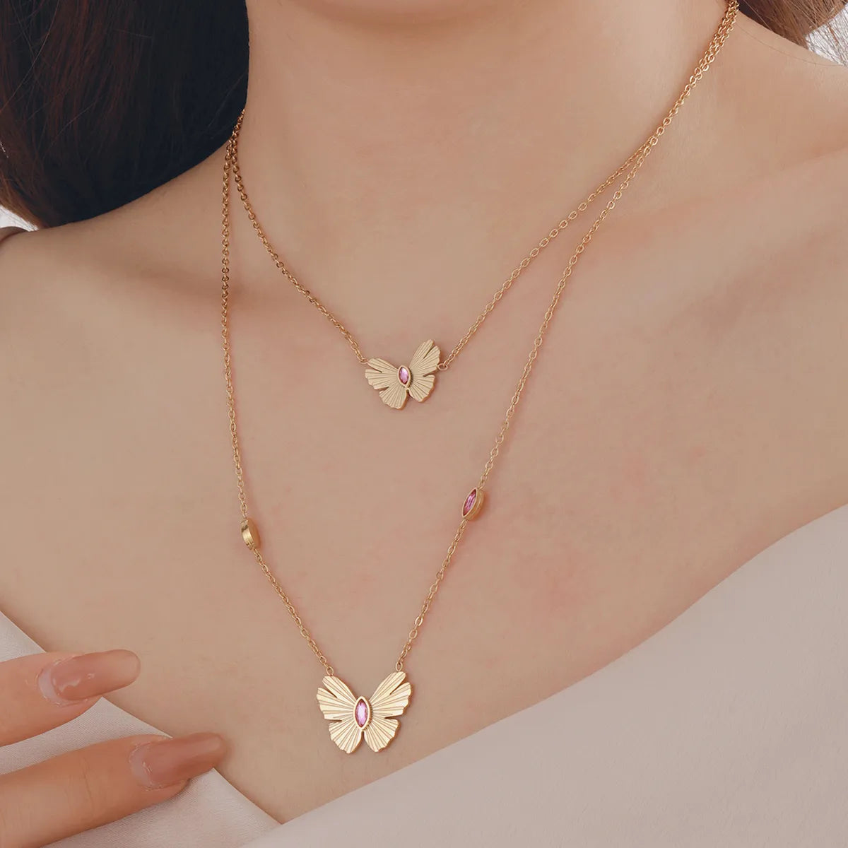 Wholesale Jewelry Casual Elegant Romantic Butterfly 304 Stainless Steel Zircon 18K Gold Plated Plating Inlay Double Layer Necklaces