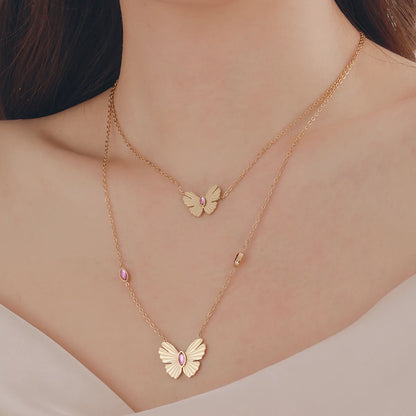 Wholesale Jewelry Casual Elegant Romantic Butterfly 304 Stainless Steel Zircon 18K Gold Plated Plating Inlay Double Layer Necklaces