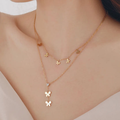 Wholesale Jewelry Casual Elegant Romantic Little Bear Flower Butterfly 304 Stainless Steel 18K Gold Plated Layered Plating Hollow Out Pendant Necklace