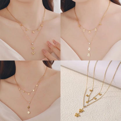 Wholesale Jewelry Casual Elegant Romantic Little Bear Flower Butterfly 304 Stainless Steel 18K Gold Plated Layered Plating Hollow Out Pendant Necklace