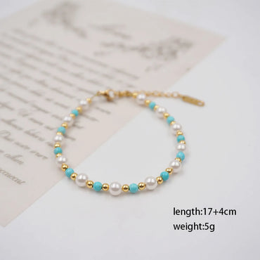 Wholesale Jewelry Casual Elegant Vacation Round 304 Stainless Steel Imitation Pearl Turquoise Beaded Bracelets Necklace