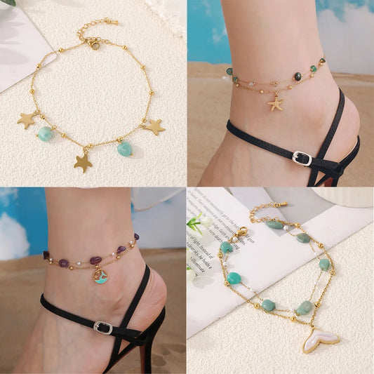 Wholesale Jewelry Casual Elegant Vacation Starfish Dolphin Fish Tail 304 Stainless Steel 18K Gold Plated Layered Anklet