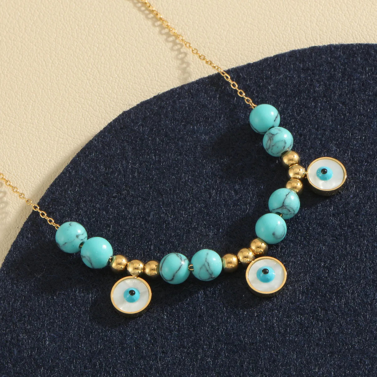 Wholesale Jewelry Casual Exaggerated Simple Style Eye Titanium Steel Turquoise Shell 18K Gold Plated Beaded Inlay Pendant Necklace