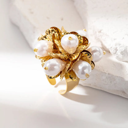 Wholesale Jewelry Casual Glam Flower 304 Stainless Steel 14K Gold Plated Pearl Rings