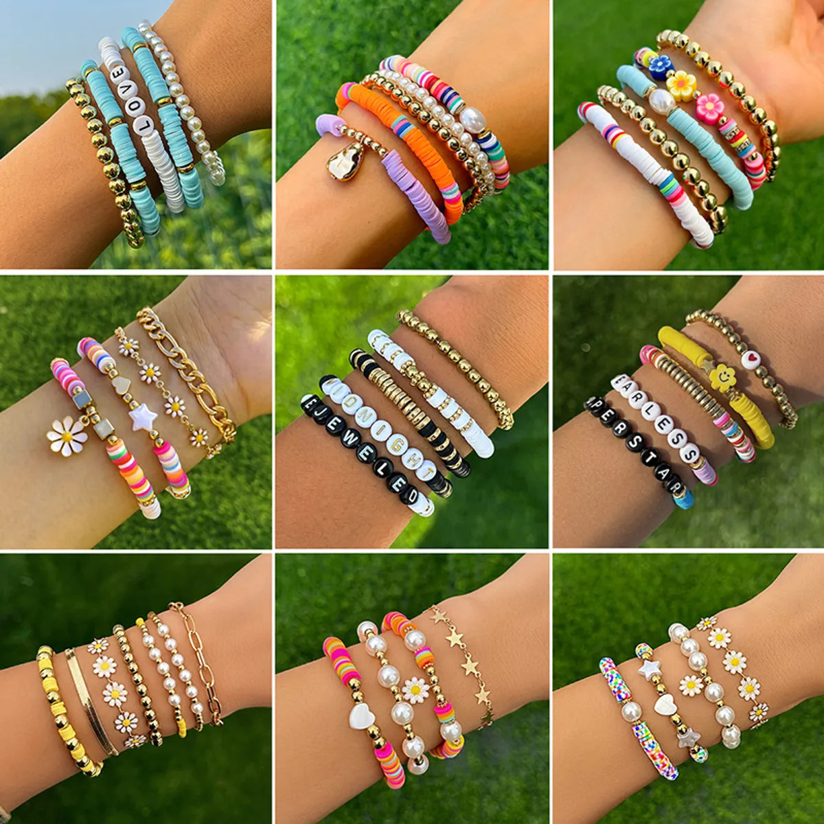 Wholesale Jewelry Casual Hawaiian Bohemian Pentagram Heart Shape Daisy CCB Alloy Soft Clay Beaded Knitting Bracelets