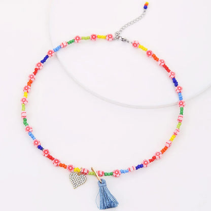 Wholesale Jewelry Casual Hawaiian Vacation Geometric Heart Shape Alloy Glass Rhinestones Handmade Tassel Inlay Necklace