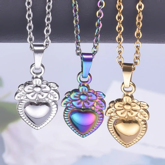 Wholesale Jewelry Casual Heart Shape Flower 304 Stainless Steel 18K Gold Plated Pendant Necklace Necklace Pendant