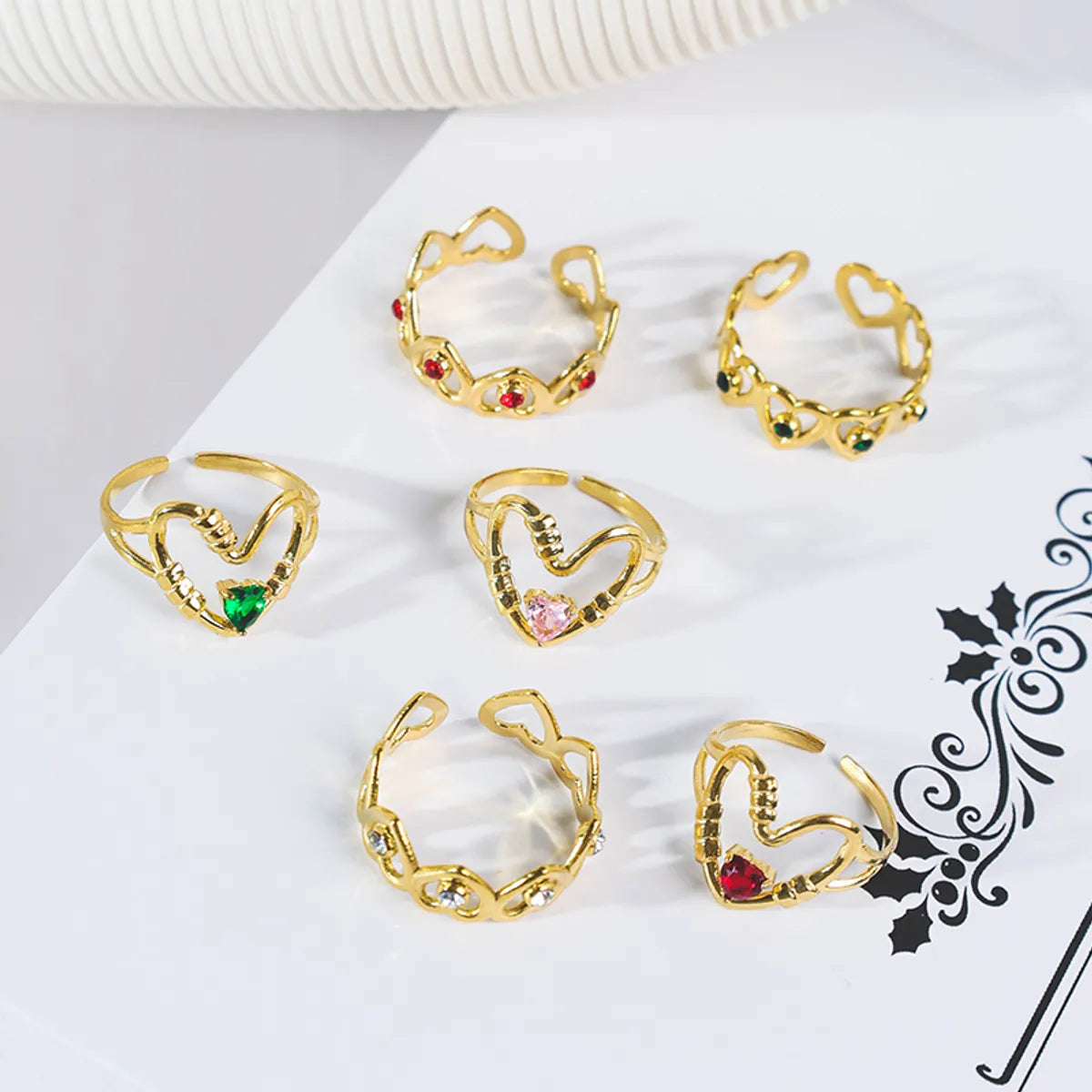 Wholesale Jewelry Casual Korean Style IG Style Heart Shape 304 Stainless Steel Zircon 14K Gold Plated Plating Hollow Out Inlay Open Rings