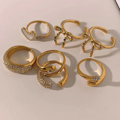 Wholesale Jewelry Casual Modern Style Heart Shape Bow Knot 304 Stainless Steel Shell Diamond 16K Gold Plated White Gold Plated Gold Plated Inlay Open Rings