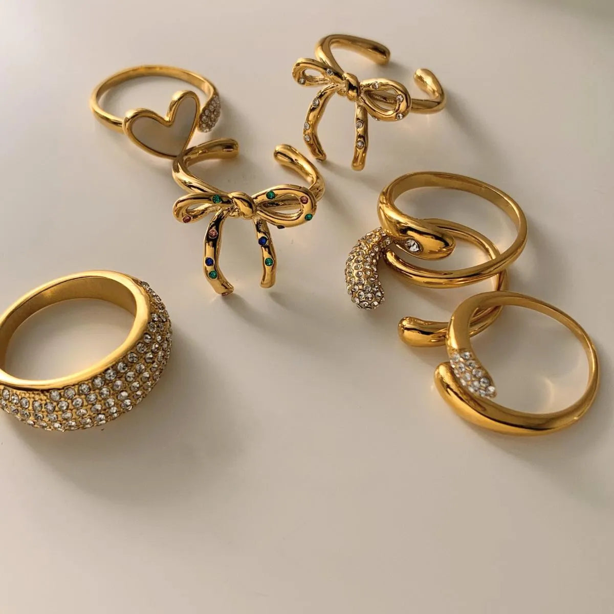 Wholesale Jewelry Casual Modern Style Heart Shape Bow Knot 304 Stainless Steel Shell Diamond 16K Gold Plated White Gold Plated Gold Plated Inlay Open Rings