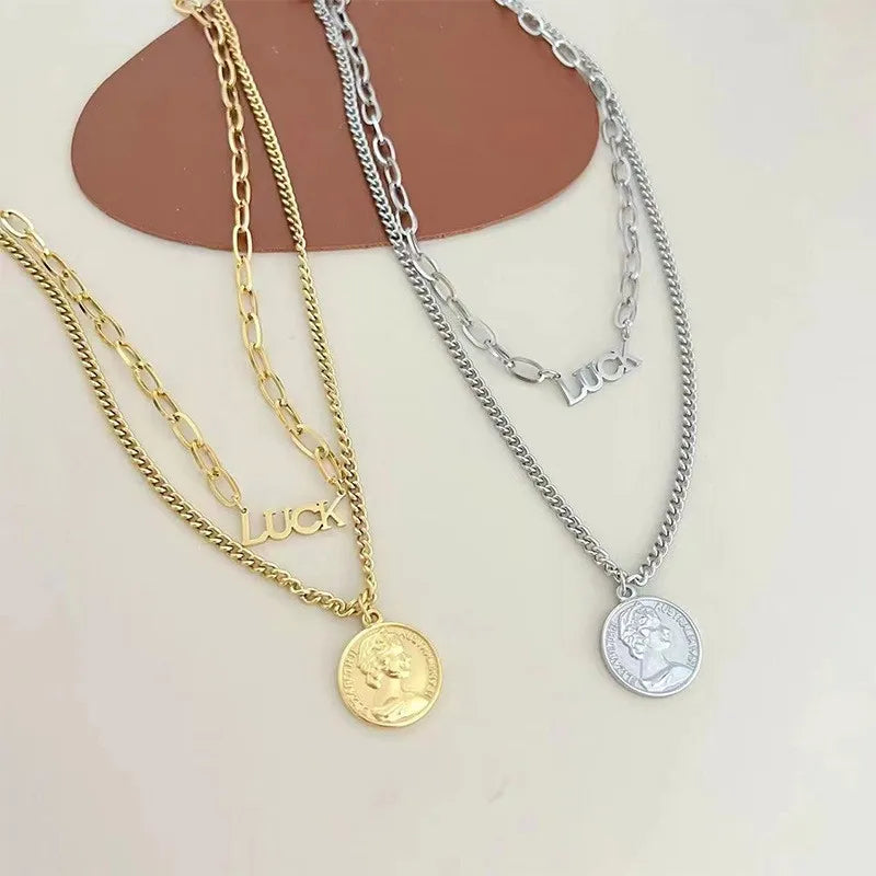 Wholesale Jewelry Casual Modern Style Human Round Letter 304 Stainless Steel 16K Gold Plated White Gold Plated Gold Plated Double Layer Necklaces