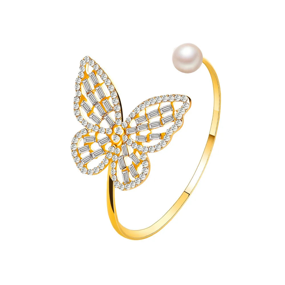 Wholesale Jewelry Casual Simple Style Butterfly Alloy Rhinestones Pearl Plating Hollow Out Inlay Bangle