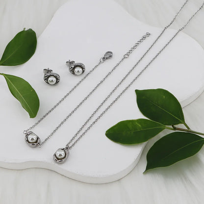 Wholesale Jewelry Casual Simple Style Classic Style Round 304 Stainless Steel Pearl Gold Plated Inlay Jewelry Set