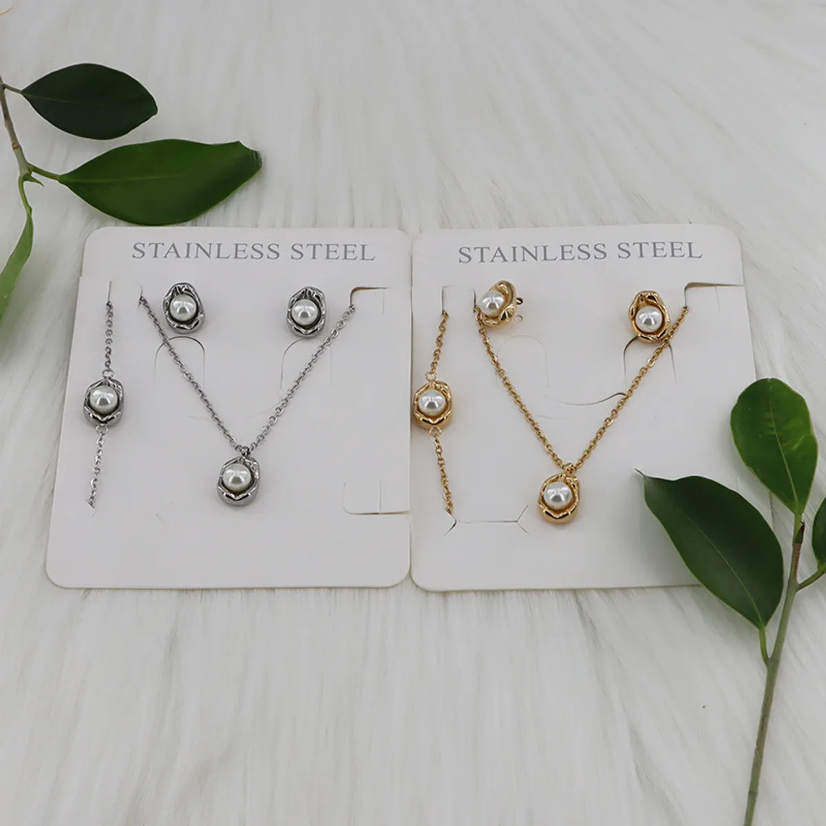 Wholesale Jewelry Casual Simple Style Classic Style Round 304 Stainless Steel Pearl Gold Plated Inlay Jewelry Set