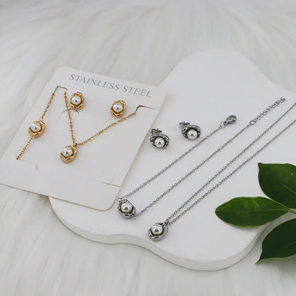 Wholesale Jewelry Casual Simple Style Classic Style Round 304 Stainless Steel Pearl Gold Plated Inlay Jewelry Set