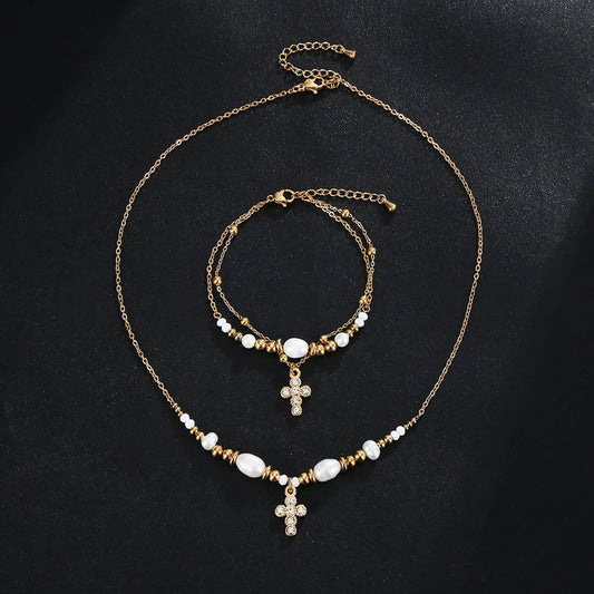 Wholesale Jewelry Casual Simple Style Cross 304 Stainless Steel Rhinestones Gold Plated Pearl Chain Inlay Bracelets Necklace