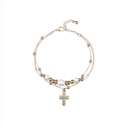 Wholesale Jewelry Casual Simple Style Cross 304 Stainless Steel Rhinestones Gold Plated Pearl Chain Inlay Bracelets Necklace