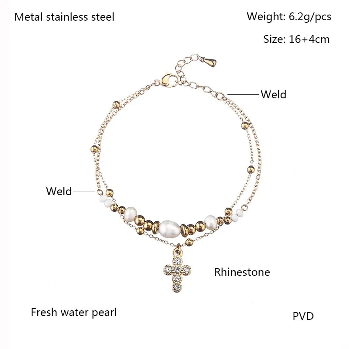 Wholesale Jewelry Casual Simple Style Cross 304 Stainless Steel Rhinestones Gold Plated Pearl Chain Inlay Bracelets Necklace