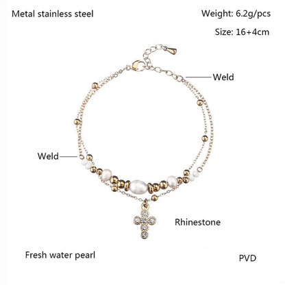 Wholesale Jewelry Casual Simple Style Cross 304 Stainless Steel Rhinestones Gold Plated Pearl Chain Inlay Bracelets Necklace