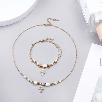 Wholesale Jewelry Casual Simple Style Cross 304 Stainless Steel Rhinestones Gold Plated Pearl Chain Inlay Bracelets Necklace