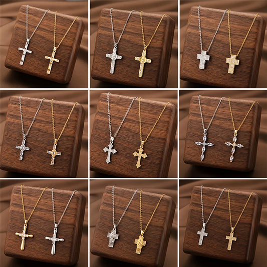 Wholesale Jewelry Casual Simple Style Cross Titanium Steel Zircon Inlay Pendant Necklace