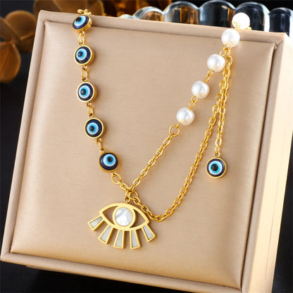 Wholesale Jewelry Casual Simple Style Eye 304 Stainless Steel Shell 18K Gold Plated Pearl Chain Inlay Pendant Necklace