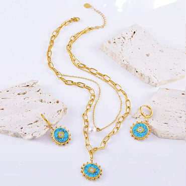 Wholesale Jewelry Casual Simple Style Geometric Titanium Steel Turquoise Opal Pearl Inlay Earrings Necklace