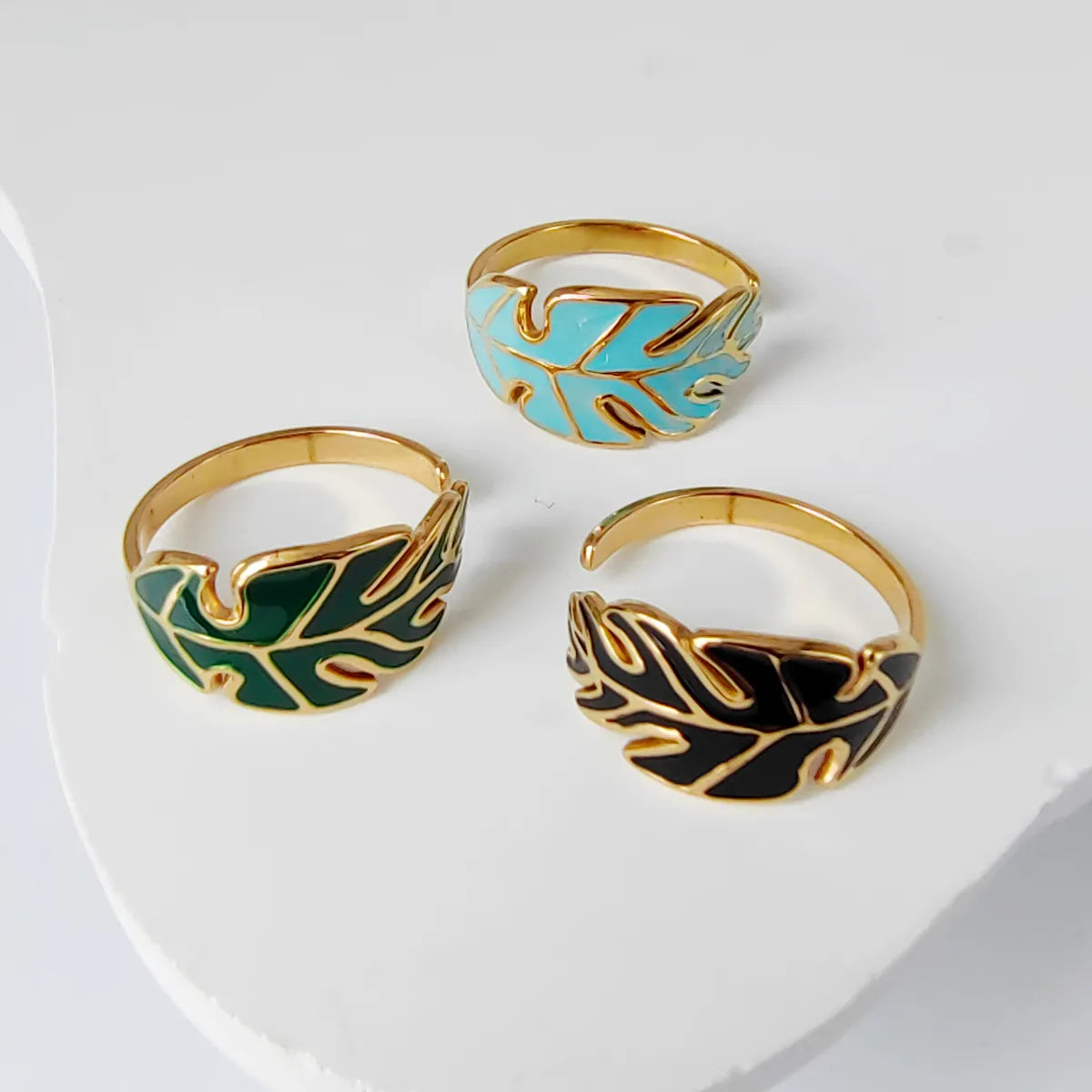 Wholesale Jewelry Casual Simple Style Leaves Eye 304 Stainless Steel 18K Gold Plated Enamel Hollow Out Open Rings