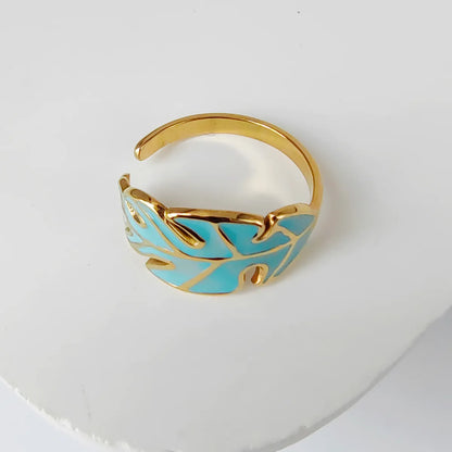 Wholesale Jewelry Casual Simple Style Leaves Eye 304 Stainless Steel 18K Gold Plated Enamel Hollow Out Open Rings