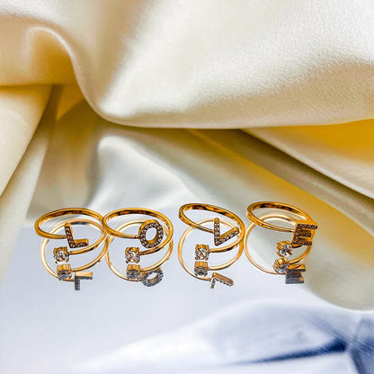 Wholesale Jewelry Casual Simple Style Letter 304 Stainless Steel Zircon 14K Gold Plated Inlay Open Rings