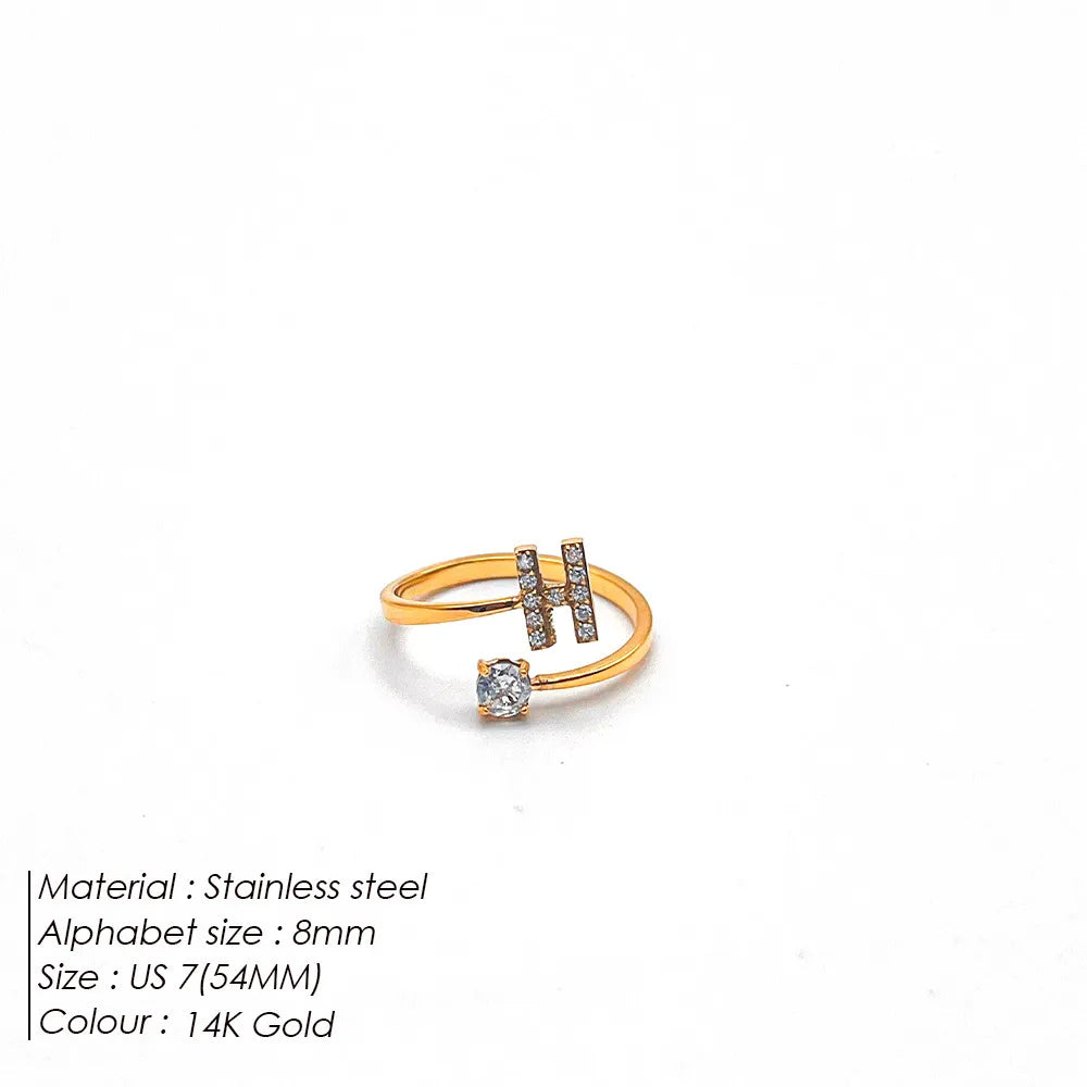 Wholesale Jewelry Casual Simple Style Letter 304 Stainless Steel Zircon 14K Gold Plated Inlay Open Rings