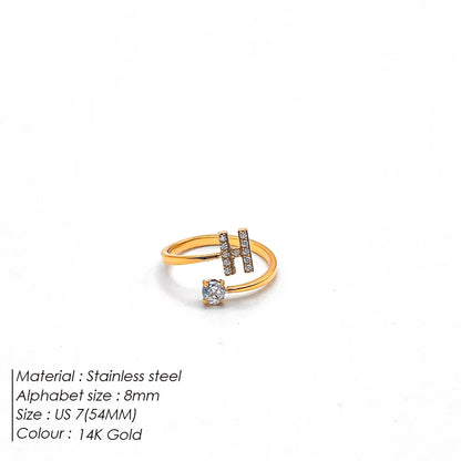 Wholesale Jewelry Casual Simple Style Letter 304 Stainless Steel Zircon 14K Gold Plated Inlay Open Rings