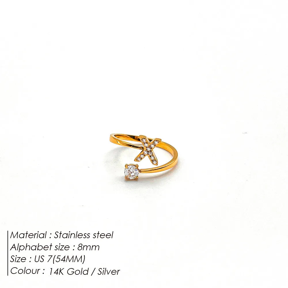 Wholesale Jewelry Casual Simple Style Letter 304 Stainless Steel Zircon 14K Gold Plated Inlay Open Rings