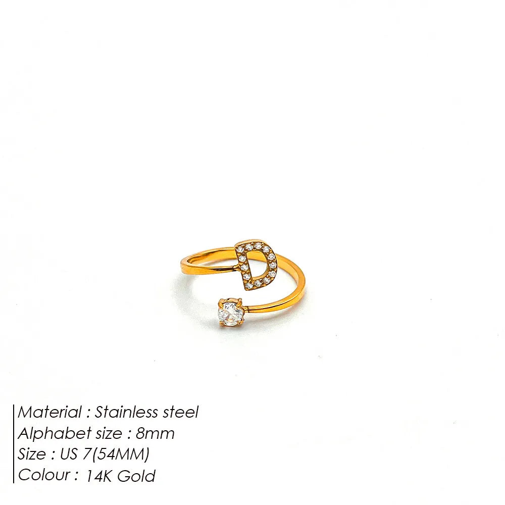 Wholesale Jewelry Casual Simple Style Letter 304 Stainless Steel Zircon 14K Gold Plated Inlay Open Rings