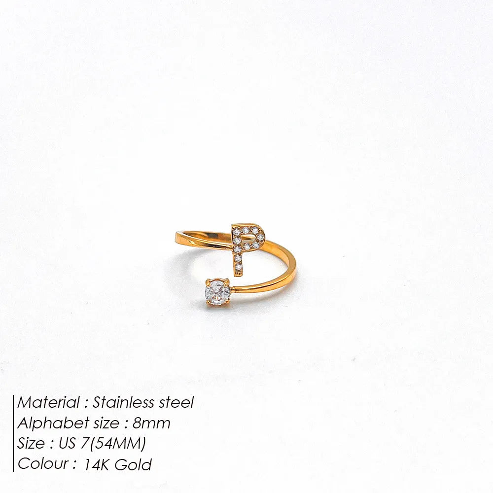 Wholesale Jewelry Casual Simple Style Letter 304 Stainless Steel Zircon 14K Gold Plated Inlay Open Rings