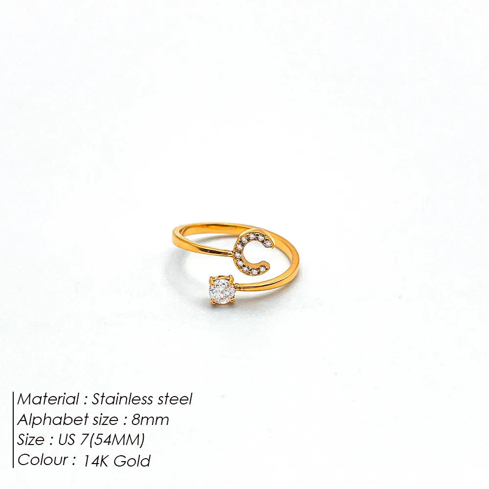 Wholesale Jewelry Casual Simple Style Letter 304 Stainless Steel Zircon 14K Gold Plated Inlay Open Rings