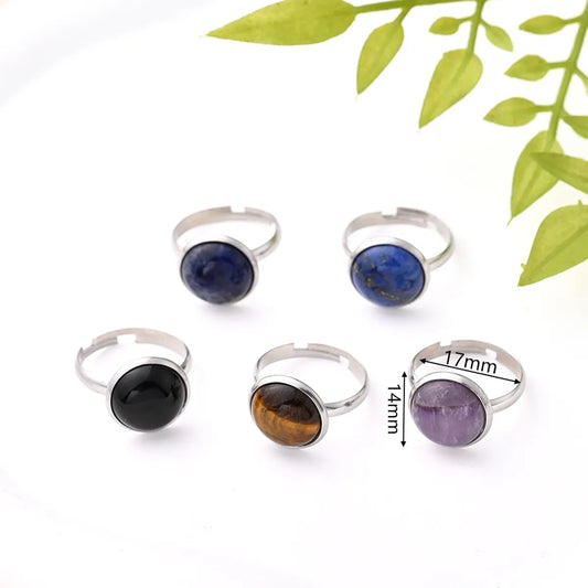 Wholesale Jewelry Casual Simple Style Round Solid Color 304 Stainless Steel Natural Stone Crystal Polishing Inlay Adjustable Ring